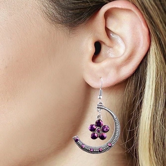 Any 3/$25! Purple Marquis Dangling Crescent Moon Drop Earrings - Picture 2 of 5